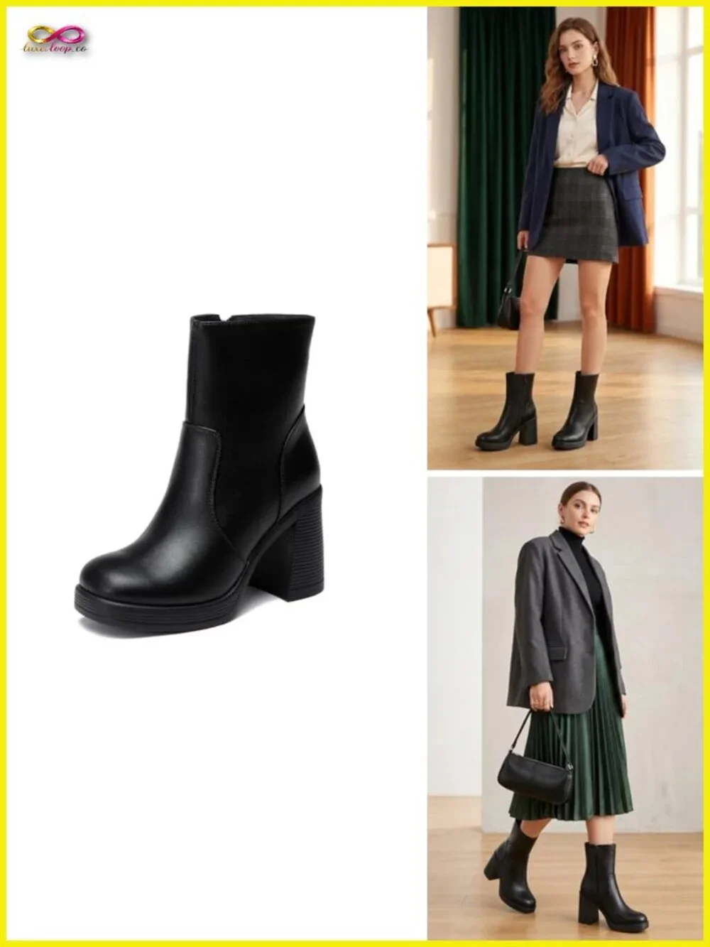 Platform Gogo Ankle Boots with Zipper Square Toe Chunky Block Heel